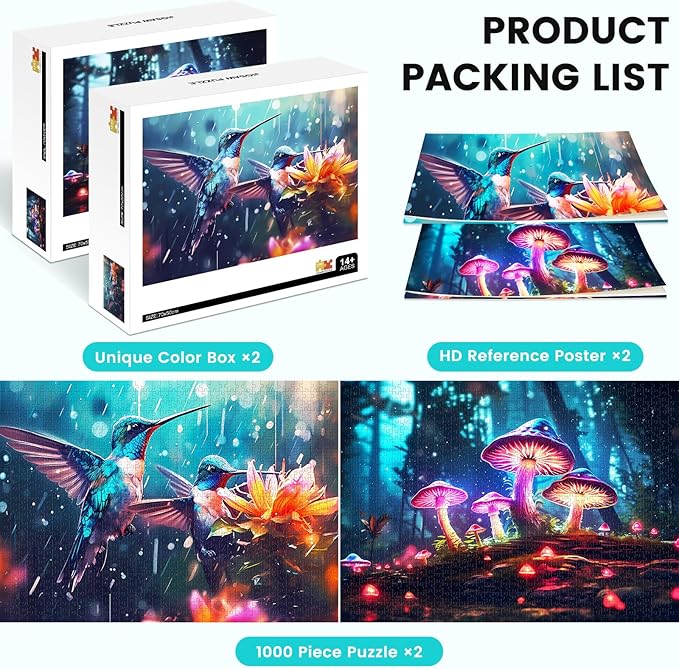 Edsjegn 2 Pack 1000 Piece Puzzle for Adults Jigsaw Puzzles 1000 Pieces 2000 Piece Puzzles for Adults Hummingbird Mushroom Jigsaw Puzzles White Elephant Gifts