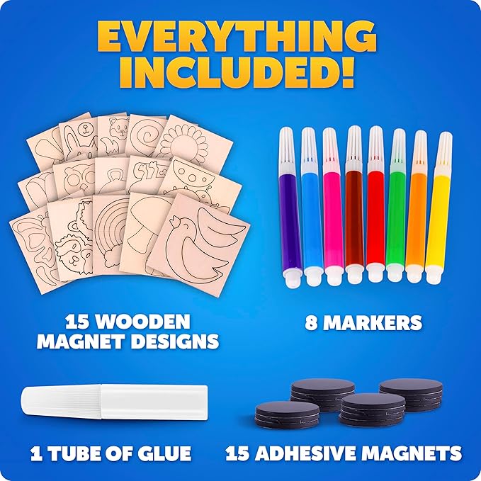Blue Marble Wooden Magnet Craft Kit - Create & Paint 15 Nature-Themed Designs with 8 Watercolor Pens, Art Kit, DIY Magnets Project for Kids, Painting Activity, Easter Basket Stuffers
