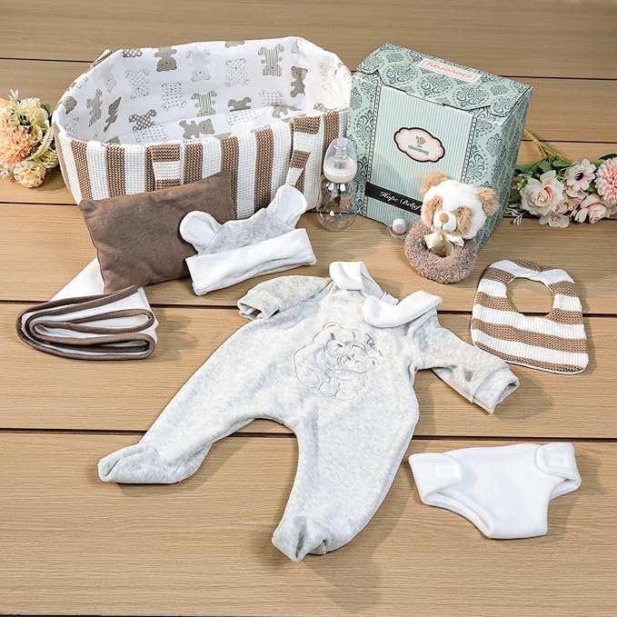 10 Pcs Baby Doll Accessories, Reborn Baby Doll Clothes with Bassinet for 17-22 Inch Realistic Baby Dolls, Pretend Play Outfit Set