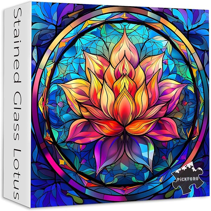 Stained Glass Puzzle for Adults 1000 Pieces, Lotus Flower Puzzles 1000 Pieces Art, Impossible Hard Challenging, Colorful Stained Glass Jigsaw Puzzle Waterlily