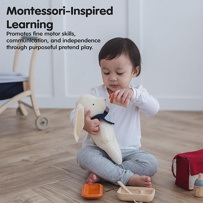PlanToys® Baby Doll Feeding Set for Kids | Wooden Pretend Play Baby Care Accessories with Bag, Bottles, Bib, Spoon & Food Box | Montessori Toy for Toddlers | Eco-Friendly Doll Accessory Kit