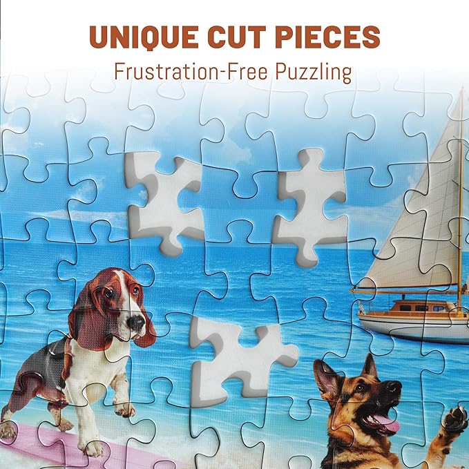 BenBen 1000 Piece Puzzle for Adults, 4 Pack Jigsaw Puzzles with Letters or Patterns on Back, Dogs' Dinner Party, Dogs on Vacation, Sunset Seaside, Fusine Lake Themes