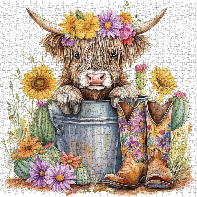 Highland Cow Sunflower Puzzle for Adults 1000 Pieces, Cute Animal Flower Jigsaw Puzzle, Colorful Cactus Floral Watercolor Painting Puzzle