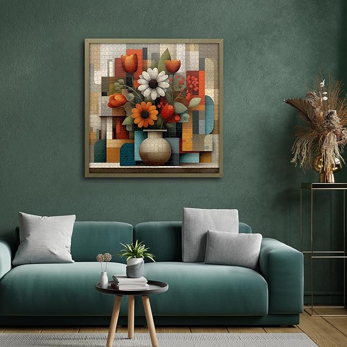 Flower Puzzles for Adults 1000 Pieces, Unique Floral Plant Jigsaw Puzzles Vase, Flower Bloom Puzzles with Geometric Background, Beautiful Floral Home Decor