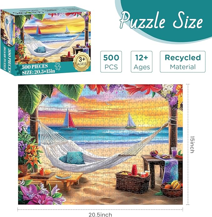 500 Piece Puzzles for Adult, Beach Jigsaw Puzzle 500 Pieces for Adults Senior, Sunset Boat 500 piece Puzzle, Challenging Family Puzzle Colorful Activity Game Gift for Friend 20.5 X 15 Inches