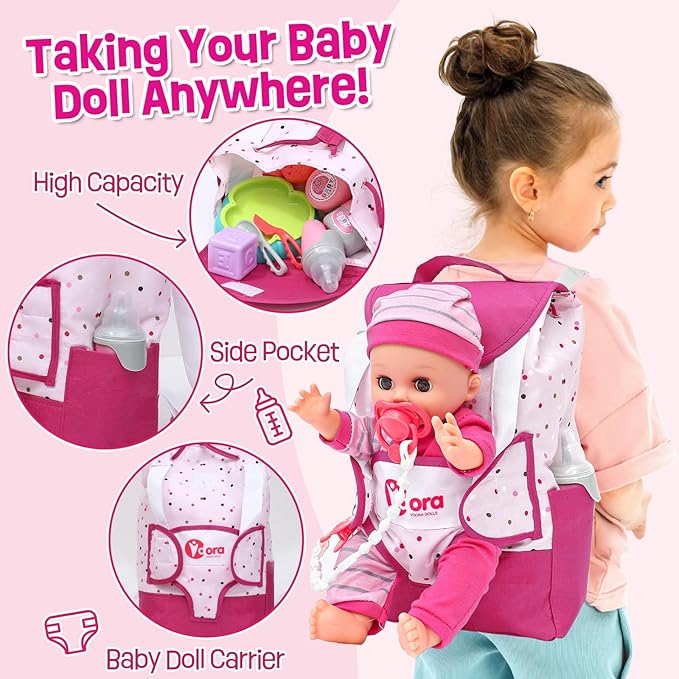 TUZT Baby Doll Accessories Playset, Baby Doll Care Toys with Changing Bag Backpack Feeding Set Doll Nappies Bottle Bath, Birthday Toys for Kids Girls (Doll Not Included)