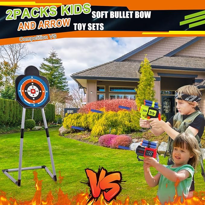 TWFRIC 2 Pack Bow and Arrow for Kids - LED Light Up Archery Set with 16 Arrows, 1 Standing Target & 2 Quivers - Fun Indoor/Outdoor Toy for Boys & Girls Aged 3-12