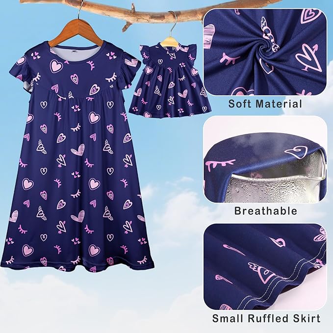 ICOSY Matching Doll & Girls Nightgowns Clothes Girls Pajamas Sleepwear Outfit for Kids and 18" Girl Doll