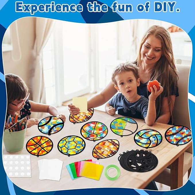 32 Sets Sports Ball Suncatchers Craft Kit DIY Window Stained Glass Effect Football Baseball Basketball Paper Craft Home School Classroom Decoration Kid Birthday Gift Creative Art Project Activity Game
