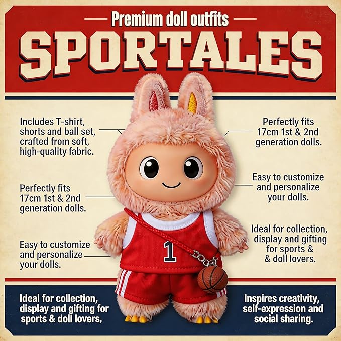 Sports-Themed Basketball Football 3-Piece Set Clothes for LABUBU 17cm Doll, Dolls Clothing Accessories ( No Dolls ) (NO.1 -Red)