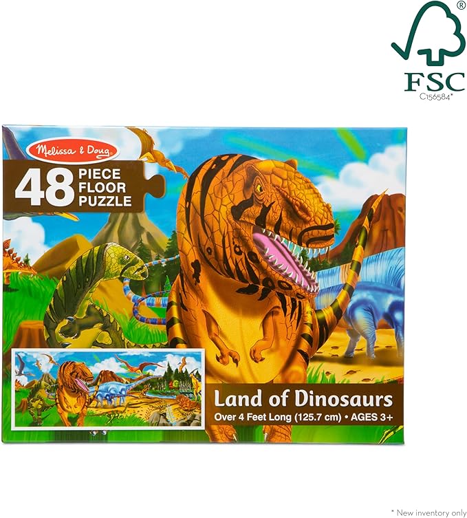 Melissa & Doug Land of Dinosaurs Floor Puzzle, 48 pc Jumbo Jigsaw Puzzle, Educational Screen Free Activity for Toddler, Preschoolers and Kids Ages 3+ (4 feet Long) - FSC Certified