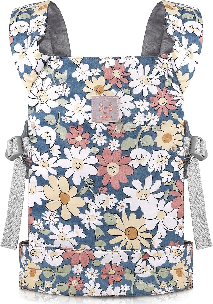 GAGAKU Baby Doll Carrier - Kids Toy with Adjustable Straps for Stuffed Animal Dolls - Gray - Smiling Daisies