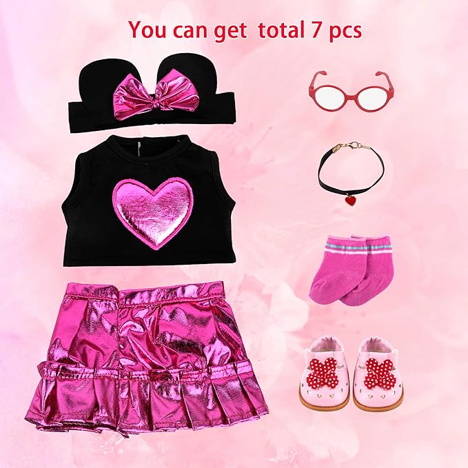 MSYO 18 Inch Doll Clothes & Accessories Set,Black Pink Heart Top & Metallic Pink Skirt Outfit with Mouse Ears Headband,Sunglasses,Socks,Shoes,Necklace,Fits 16-18 Inch Baby Dolls(Rose)