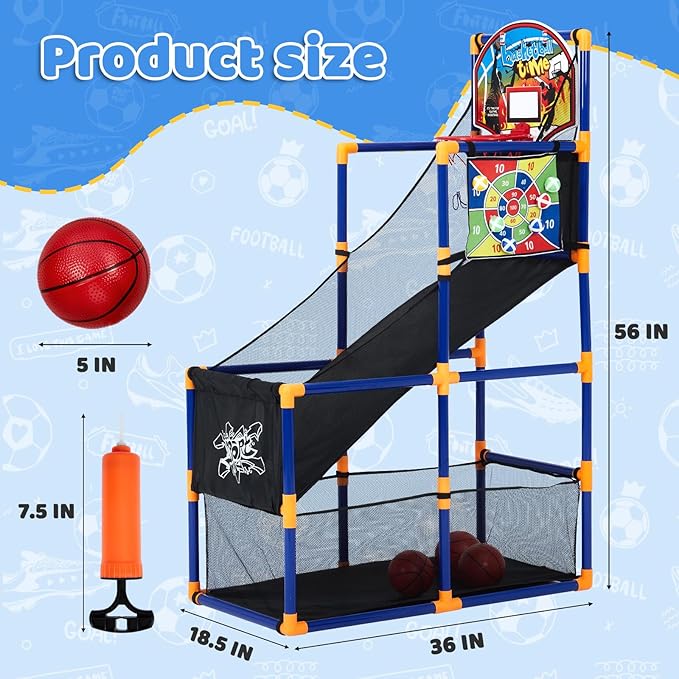 2-in-1 Kids Basketball Arcade Game Set with 4 Balls & 6 Sticky Toss Balls – Indoor & Outdoor Basketball Hoop and Dart Game, Height Adjustable Sports Toy with Ball Return Ramp for Boys & Girls Ages 3+
