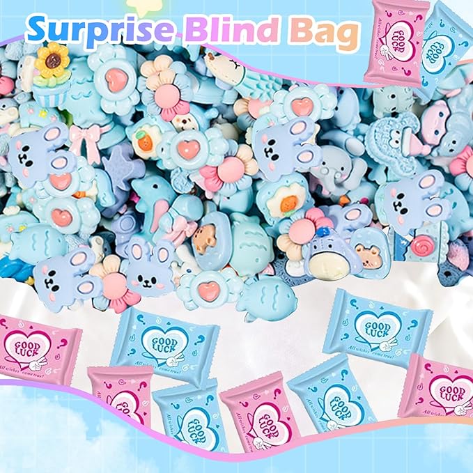 50PCS Blue Series Cartoon Resin Mystery Blind Bag – Mini Cute Figures for Kids Crafts, Tiny Random Toy Charms, DIY Phone Case Decorations, Surprise Collectible Resin Miniatures Variety Pack
