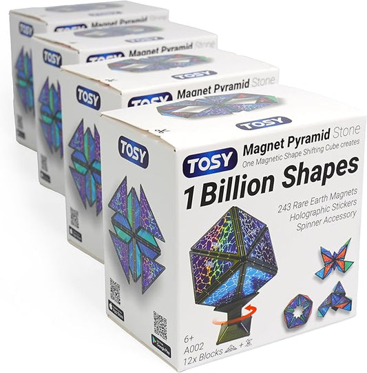 TOSY Magnet Pyramid Stone - 1 Cube Transforms into 1 Billion Shapes (Bunny, Egg, Flowers, Heart), Easter Basket Stuffers Gift, 12 pcs, 243 Magnets, Holographic Design, Puzzle/STEM Toy, 4-Pack