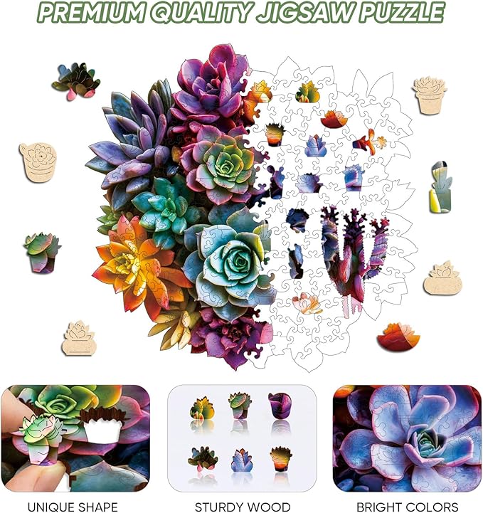 Bodhipnjoy Wooden Puzzles for Adults, Flower Succulent Jigsaw Puzzle- 5mm Thickness, Unique Irregular Wood Plant Puzzles, Creative Gifts for Birthday, 200 Piece, 11.4x11.3in