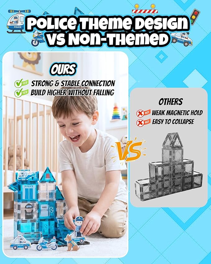 Magnetic Tiles for Kids Ages 3+, Police Magnetic Tiles Building Blocks with City Scene Pieces, Police Officer Elements & Accessories, STEM Toys for Toddlers, Ideal Gift for Boys and Girls