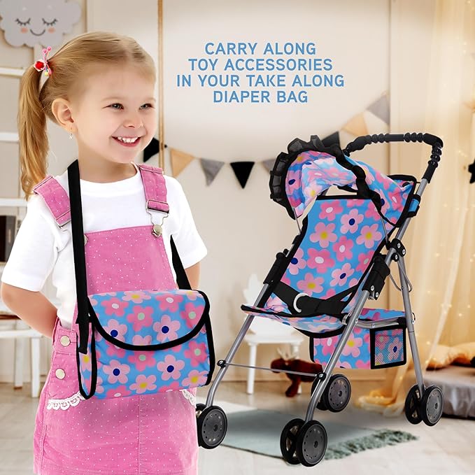Baby Doll Stroller Bed and Swing Nursery Playset, Baby Doll Accessories Furniture Set Convertible High Chair Diaper Bag Role Play Deluxe Blue Doll Set