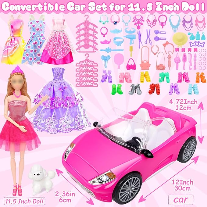 78 Pcs 11.5 Inch Doll Rose Convertible Toy Car Playset, Toys for Kids Including 11.5 in Girl Dolls, Toy Car, 1 Fancy Dress, 3 Regular Dress, 1 Fashion Dress, 71 Doll Accessories