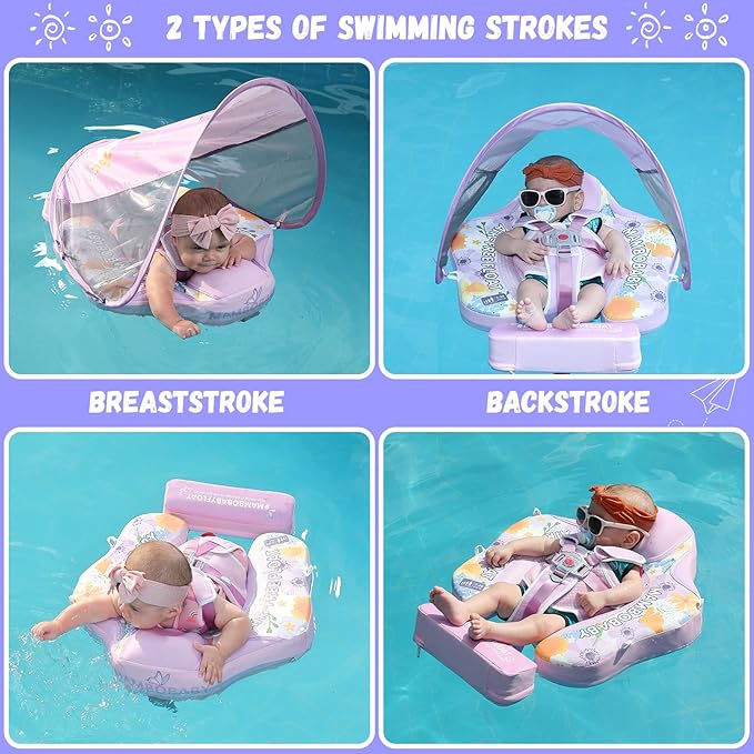 Mambobaby Baby Swim Float with Canopy Non-Inflatable Infant Pool Float with Tail 3-24 Months Avoid Flip Solid Skin-Friendly Material for Toddler Boys Girls