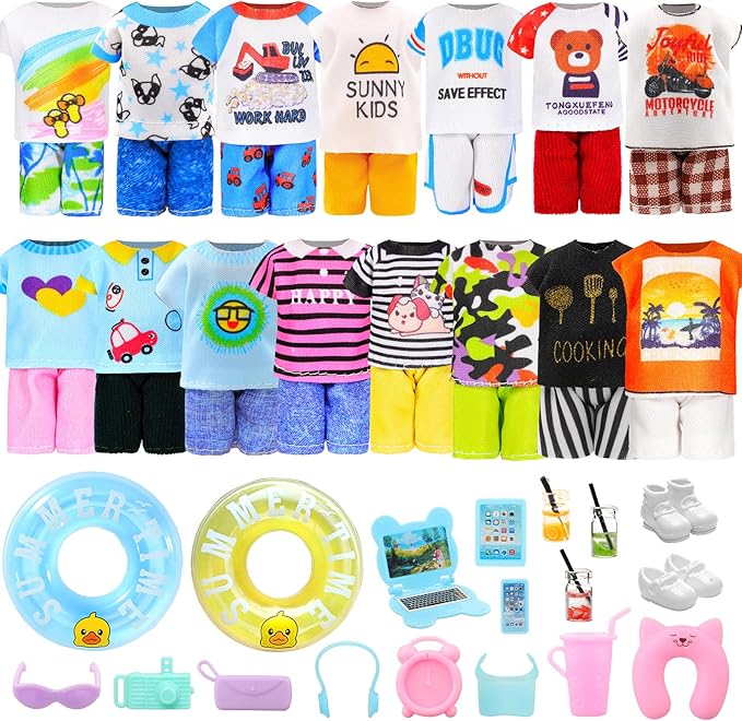 Miunana 36 PCS Boy Doll Travel Outfits for 4-6 Inch Doll Include 20 PCS Top and Pants for 5.3 Inch Clothes and Accessories with 14 Dollhouse Furniture and 2 Pairs of Boy Doll Shoes