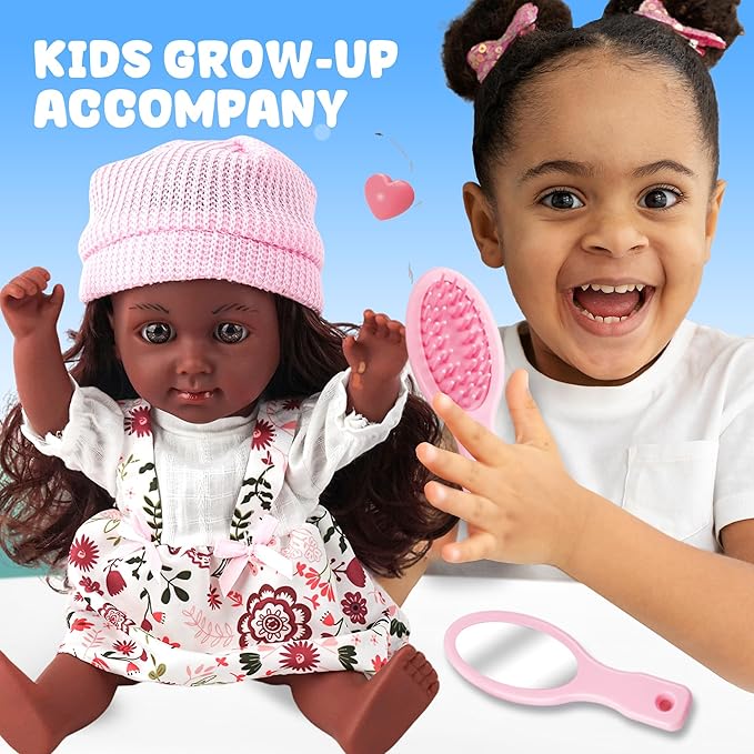 SMILESSKIDDO Baby Doll, 12 inch Black Interactive Talking Doll with Hair, Mirror, Comb Accessories, Soft Vinyl Body & Sounds – Perfect Pretend Play Toy for Toddlers Girls 2 3 4 5 6