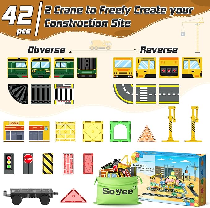 Soyee Magnetic Tiles Magnetic Construction Toys with 2 Cranes Boys Toys for Ages 3-5 5-7 Magnet Building Blocks Chritmas Gifts Boys Sensory Autism Montessori Toys Gift for 3+ Year Old