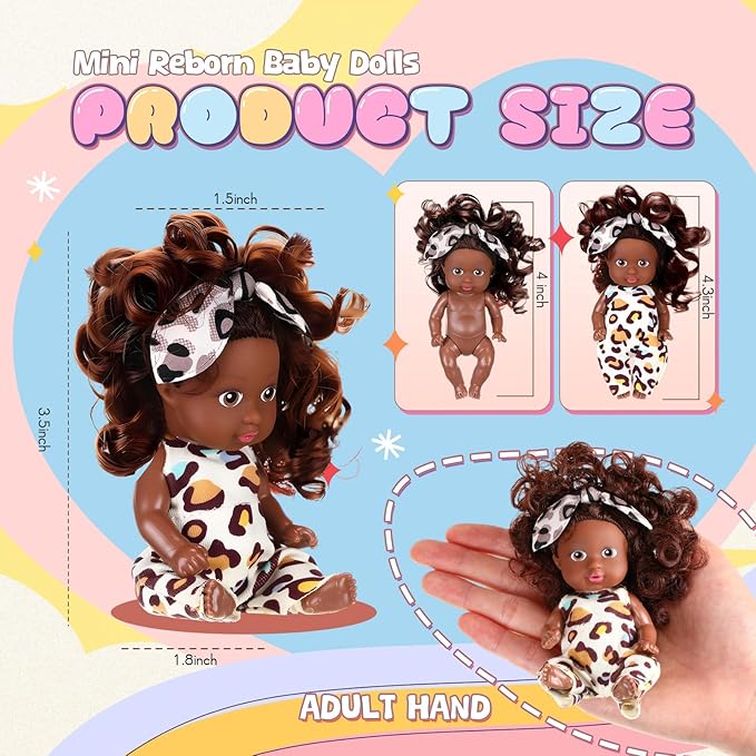 Hanaive 10 Pcs 4 Inch Mini Baby Dolls Lifelike Realistic Tiny Baby Dolls with Animal Clothes Cute Infant Figurine Gifts Set for Toddlers Girls Kids 3+ Easter Graduation Birthday(Dark Skin Style)