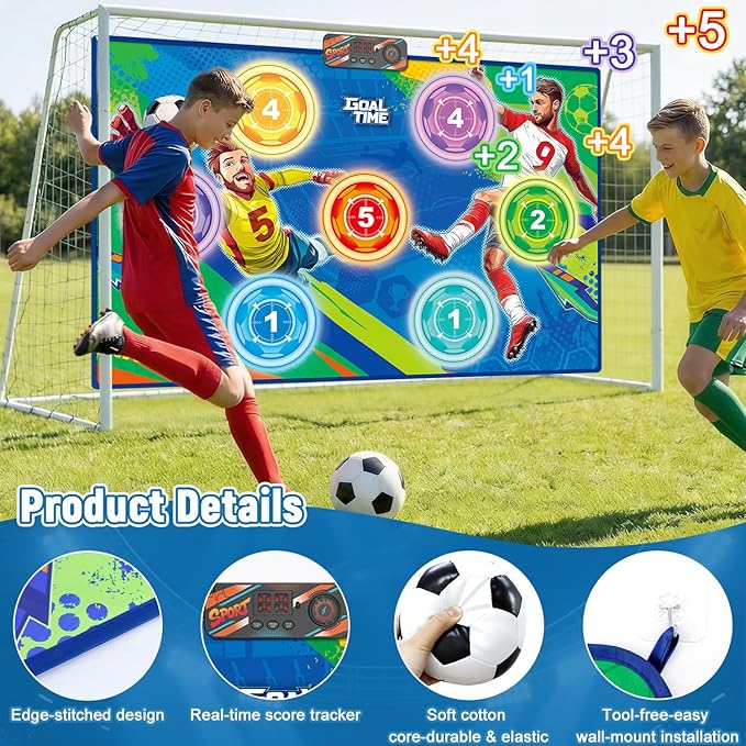 Electronic Scoring Soccer Toy Game Mat Set for Kids, Indoor Outdoor Toss Soccer Target Game with Real-Time Score, 2 Soft Soccer & Goal, Birthday Gifts for 3-5/6-8/8-12 Years Old Boys Girls