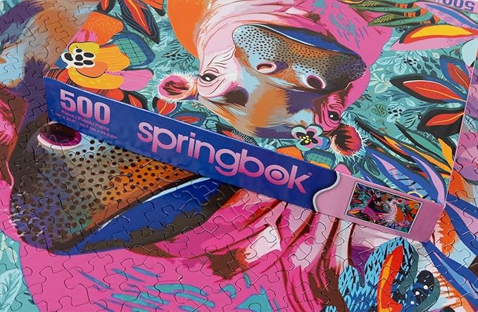 Springbok Floral Hippo Pop 500 Piece Jigsaw Puzzle for Adults and Family - Colorful Pygmy Hippo - Unique Cut Pieces - Made in USA