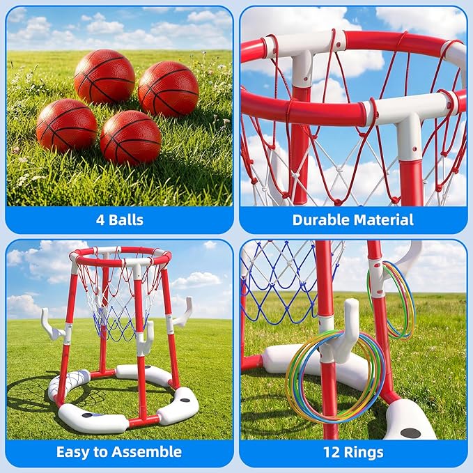 Floating Pool Basketball Hoop, 2-in-1 Basketball Pool Toys for Kids with 4 Balls 12 Rings, Summer Outdoor Swimming Pool Sports Game Water Play Toys for Kids Age 3-12