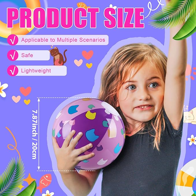 Soulchen Cartoon Cat Themed Beach Balls 7.87" Purple and Pink Cat Inflatable Beach Ball Bulk Cartoon Birthday Party Supplies for Summer Pool Water Game Gifts End of The Year Party Decoration