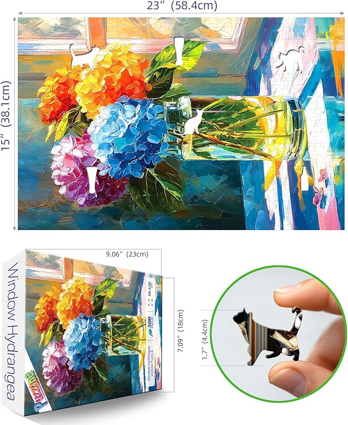 Hydrangea Puzzles for Adults 500 Pieces, Front of Window Blossom Flowers Art Jigsaw Puzzles for Family Fun Challenging, Party Game Gifts Decoration (23 x 15 Inch)