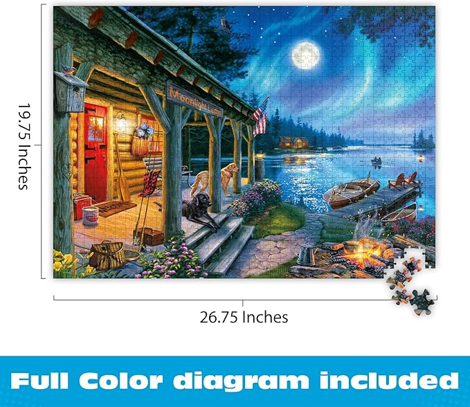 Buffalo Games - Moonlight Lodge - 1000 Piece Puzzle for Adults, Darrell Bush Lake Cabin Jigsaw with Poster, Premium 1000 Piece Jigsaw Puzzle