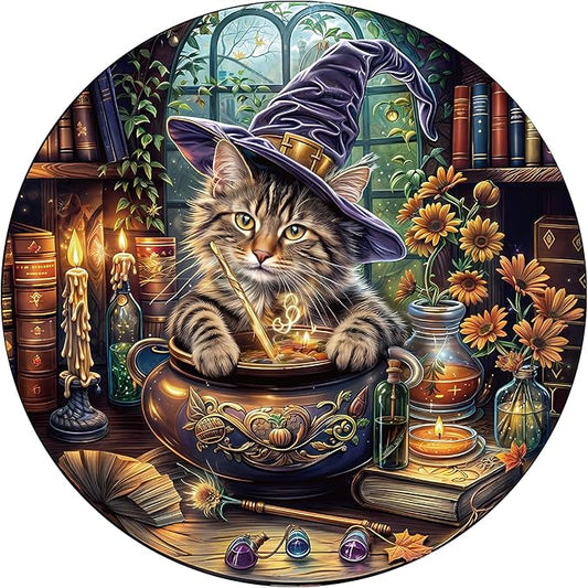 1000 Piece Puzzle for Adult, Magic Feline Art Jigsaw Puzzle 1000 Pieces, Impossible Challenging Fun Puzzle for Adult, Round 26.6 x 26.6 Inch Unique Difficulty Puzzle for Birthday Gift