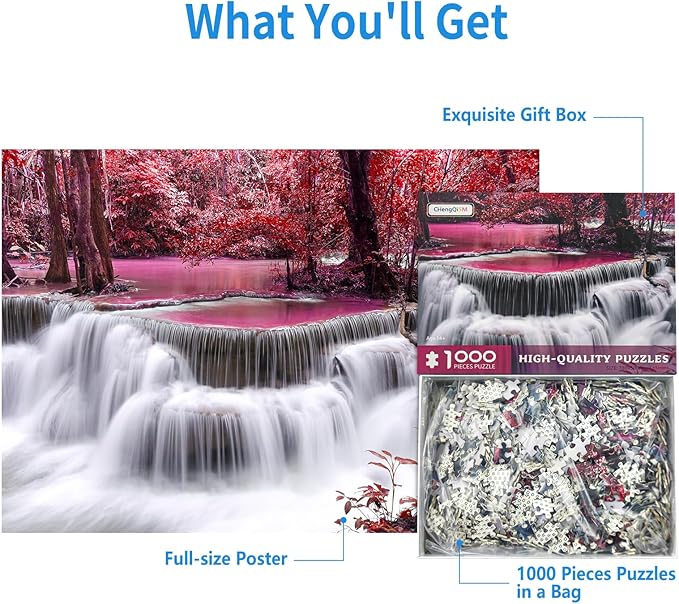 1000 Piece Puzzle for Adults, Mountain Waterfall Jigsaw Puzzles 1000 Pieces with Letters on Back, Impossible Hard Puzzles for Adults Seniors Teens Challenging Gift, Finished Size 27.6 x 19.7 inches