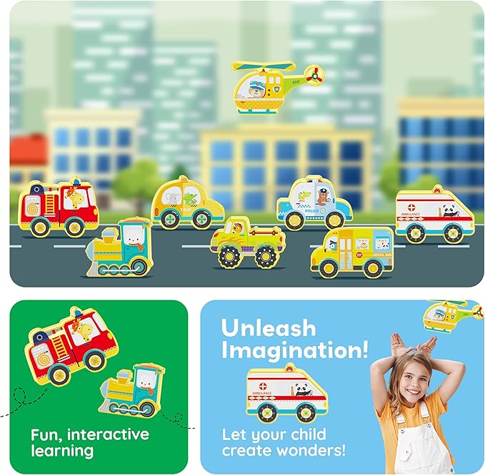 PicassoTiles 8pc Metro City Vehicle Magnet Building Block Set with Magnetized Action Figures Compatible with Magnetic Tile Kits STEAM Educational Construction Playset for Boys Girls Age 3 Plus PTA24