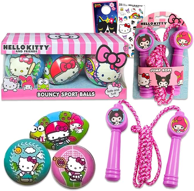 Hello Kitty Outdoor Toys for Girls, Kids - Bundle With 3 Mini Sports Balls, Jump Rope, and Stickers | Fitness Toys, Sport Playset