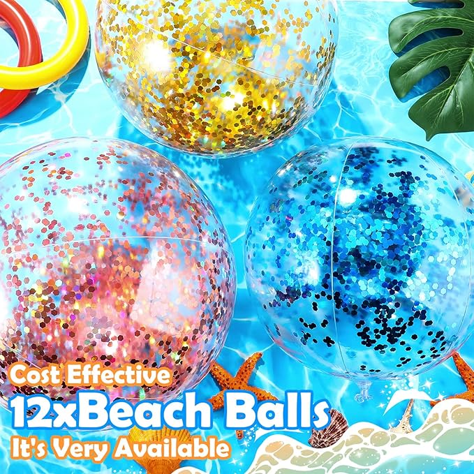 Lewtemi 12 Pcs Inflatable Glitter Beach Balls 16 Inch 24 Inch Shiny Giant Confetti Balls Swimming Pool Beach Blow up Balloon for Outdoor Summer Party Wedding Decor(Gold, Rose Gold, Purple)