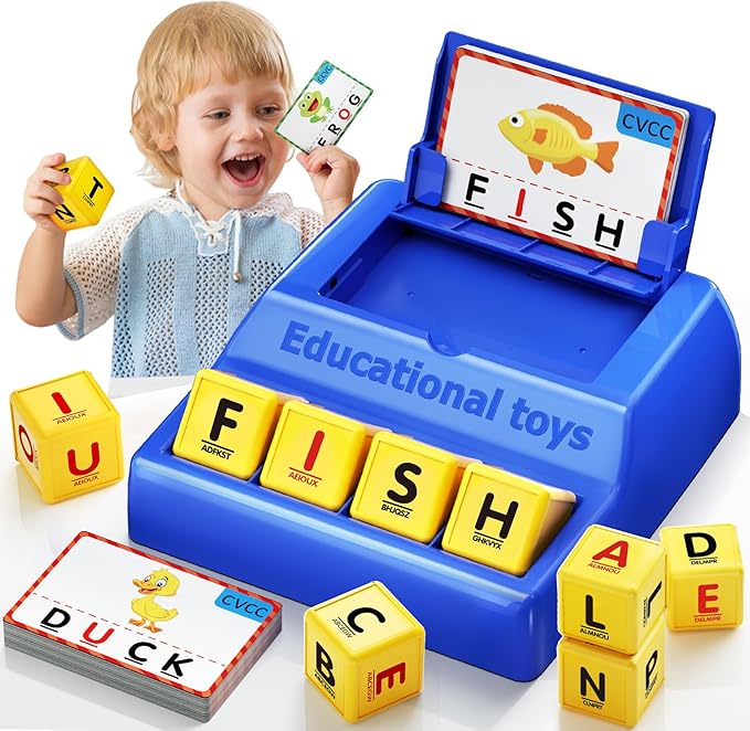 Montessori Matching Letter Game for Kids Ages 3-8 | Educational Learning Spelling Toys with Storage Function | Christmas Birthday Gifts for 3 4 5 6 Year Old Boys & Girls | Larger Blue (50% Bigger)