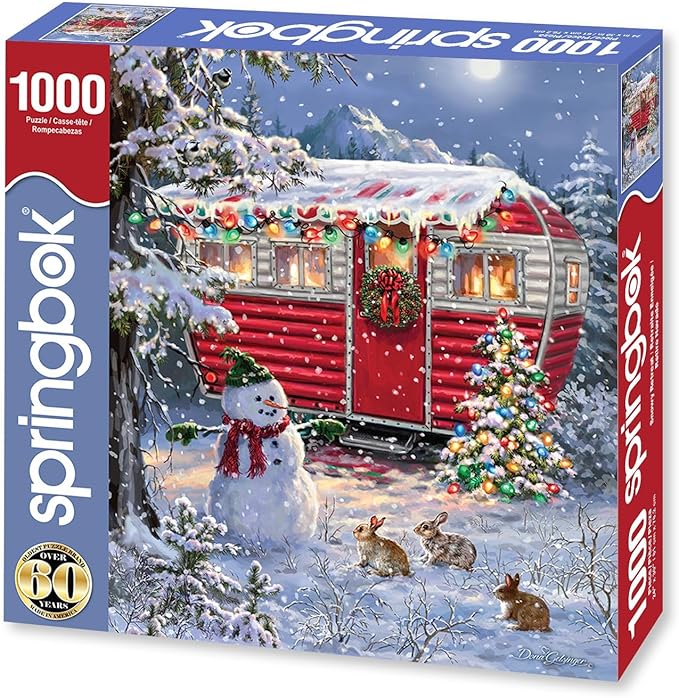 Springbok's Snowy Retreat 1000 Piece Jigsaw Puzzle is a Fun Holiday Image Featuring a Camper Glowing in Holiday Decor