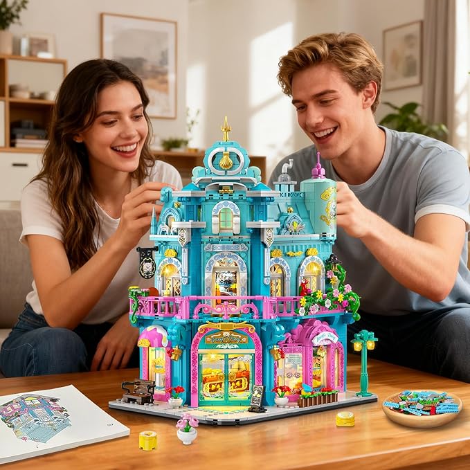 Castle Dairy Bakery Store Building Set with Light, Easter 1689 PCS City House Building Block Toy with Milk Cake Bread, Home Decor Construction Model Kit for Adults Kids Boys Girls Ages 12+