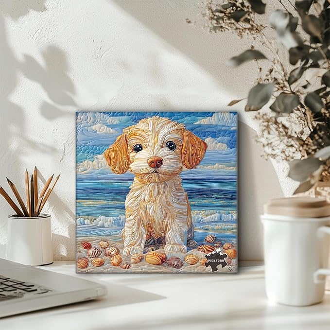 Beach Dog Puzzles 1000 Pieces for Adults, PICKFORU Fabric Art Patchwork Quilt Jigsaw Puzzles, Summer Seaside Puppy Theme as Home Decor