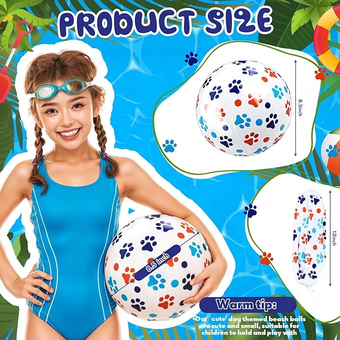 12 Pack Blue Dog Paw Beach Ball 8.5 in Inflatable Beach Balls Bulk for Kids & Adults Cartoon Swimming Pool Toys Pool Party Favors for Birthday Summer Outdoor