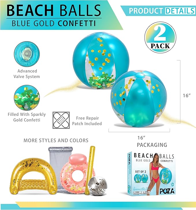 POZA Inflatable Beach Balls - Elegant Glitter Confetti Premium Floaters, Heavy Duty Vinyl Floatation Pool Toys for Pool Beach Party, UV Resistant Pool Décor