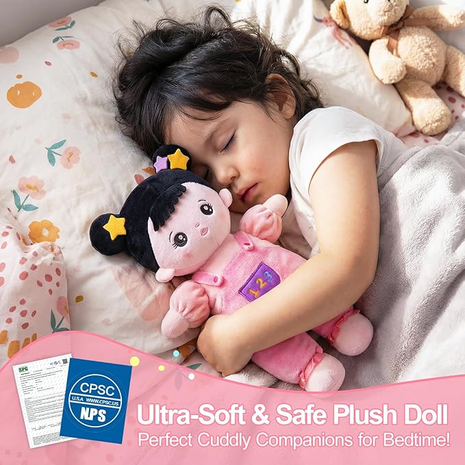 OUOZZZ 10" Soft Baby Doll Set with Plush Doll, Bassinet, Blanket and Bottle, Pretend Playset for Emotional Social Education Asian Doll for 2 Year Olds Girls Perfect Birthday Toy