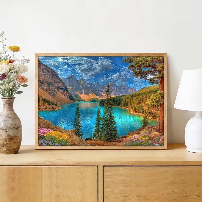 Turquoise Mountain Lake 1000 Piece Puzzle for Adults - Rocky Mountain Peaks & Forest Art, Poster & Lettered Back, 28"x20" HD, Gift for Nature & Landscape Lovers