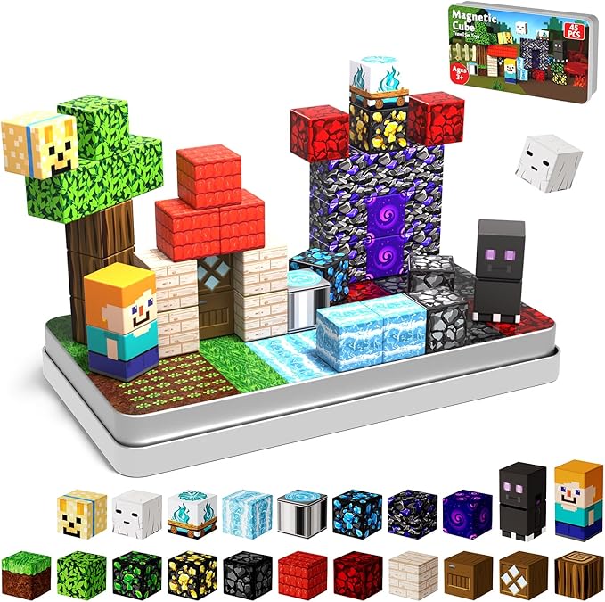 45 PCS 0.8in Mini Magnetic Blocks - Easter Travel Magnet Toys for Kids with Portable Metal Box, Stacking Magnets, Toys and Gifts for Boys and Girls Age 3+ Years Old (Theme: Portal)