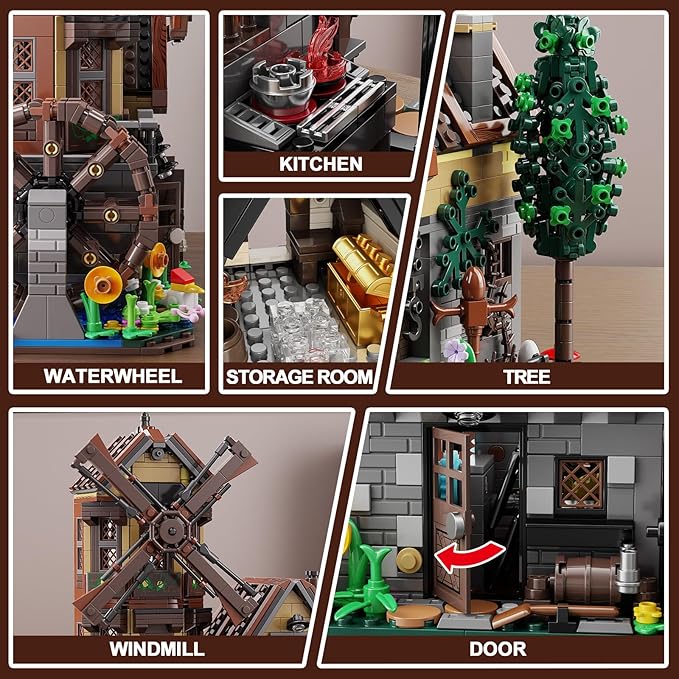 Wood Cabin Building Set with Light, Mechanical Farm House Building Block Toys with Rotating Windmill Waterwheel Castle Architecture Model Set 1436 Pcs for Adults Teens Kids Boys Girls 10-12+